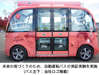 「未来の街づくりのため、自動運転バスの実証実験を実施（バス左下：当社ロゴ掲載）」